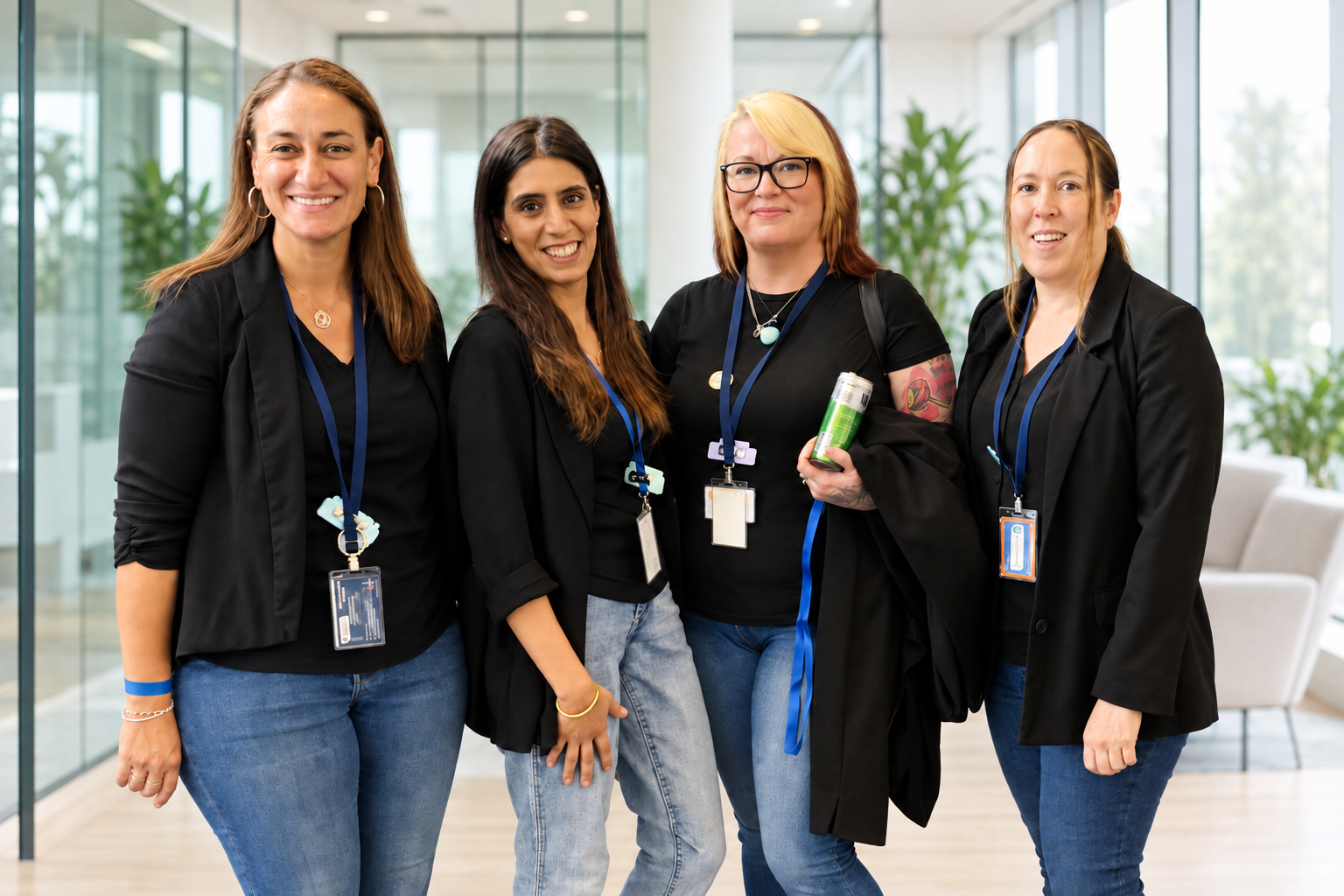 Four Care Origin team members standing together in a bright glass-walled office